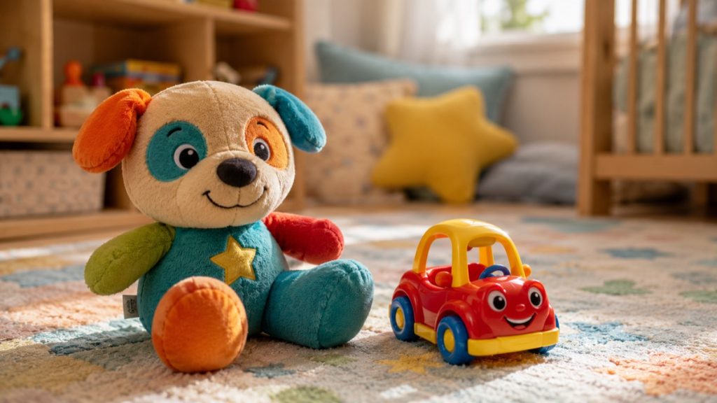 värikäs pehmolelu ja leluauto lahja 1 vuotiaalle pojalle ikäkauteen sopivassa ympäristössä