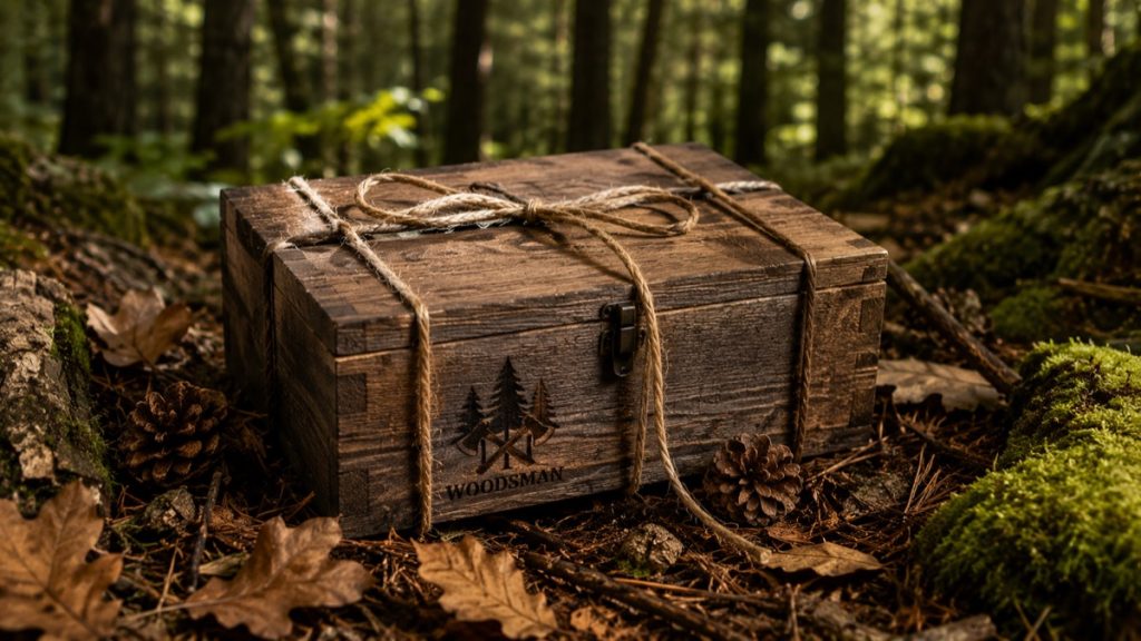 rustiikkinen puinen lahja metsämiehelle metsätaustalla ja luonnon elementtejä ympärillä